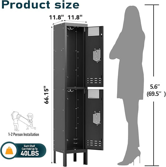 Metal Storage Locker with Lock & Card Slot Locker - Secure Lockable Door - Steel Locker for School, Office, Gym, Home - 66.15" H x 11.8" W x 11.8" D（2 Door, Black）