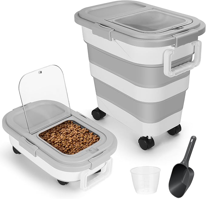 ShineMe Dog Food Storage Container, 30 Lbs Collapsible Food Storage Containers with Rolling Wheel Airtight Locking Lid, Cat Foods Bin with Cup and Scoop, Suitable for Pet Snack, Rice, Flour (Grey)