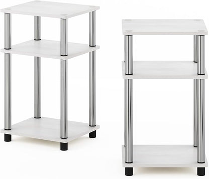 Furinno JUST Side Table Set of 2, 3-Tier End Tables, Open Shelves Night Stand, Nightstand, Toolless Assembly, for Living Room, Bedroom, White Oak/Stainless Steel