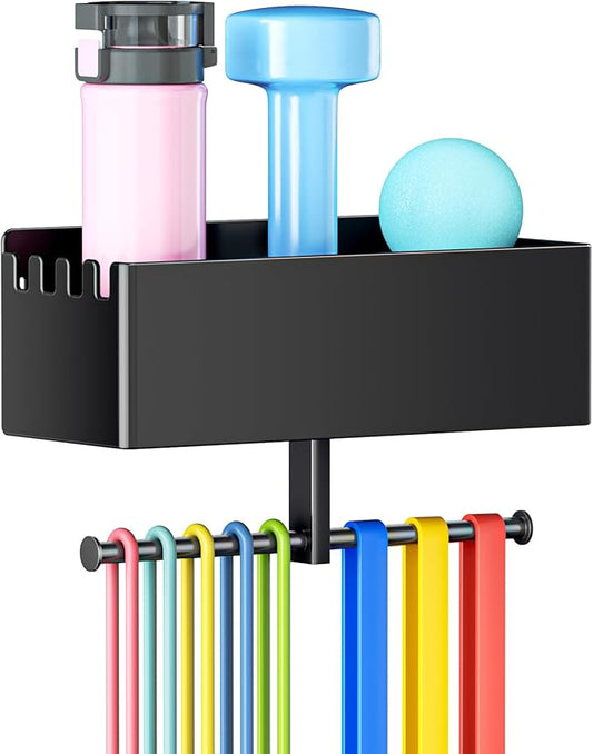 Home Gym Wall Storage, White Resistance Bands Rack Hanger Metal, Wall Mounted Fitness Bands Holder, Multi-Purpose Heavy Duty Workout Gym Storage Rack for Resistance Bands, Straps, Jump Ropes (Black)
