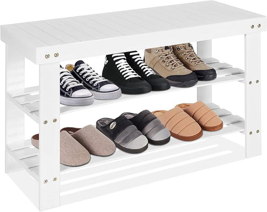 COSTWAY Bamboo Shoe Rack Bench 3-Tier Free Standing Wood Shoe Storage Organizer Shelf Holder Home Entryway Hallway Furniture Eco-Friendly (White)