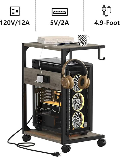 2 Tier Computer Tower Stand with Charging Station, 11.8" D x 16.5" W Rolling Floor PC Tower Stand Fits Under Desk, CPU Holder Cart for Carpet with Hooks, C Shaped End Table for Home Office