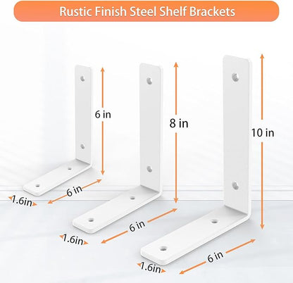 White Heavy Duty Shelf Brackets 8 Inch, Extra Thick L Shelving Brackets, Rustic Gold Iron Floating Shelves Wall Mounted with Hardware for DIY Open Shelving, 4 Pack