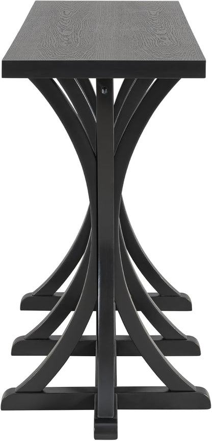 59.8" Wooden Console Table with Oak Veneer Top,Farmhouse Entryway Table with Rubber Wood Slender Curved Legs,Perfect for Living Room,Entryway,Hallway,Black