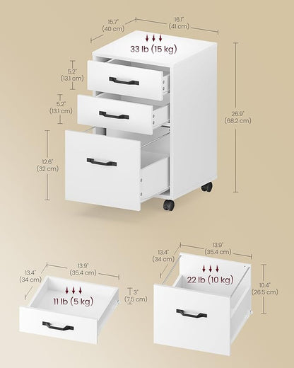 VASAGLE Mobile File Cabinet, 3 Drawers Filing Cabinet with Wheels, for Home Office, for A4, Letter Sized Documents, Adjustable Hanging Rail for File Folders, Cloud White UOFC065WB02S
