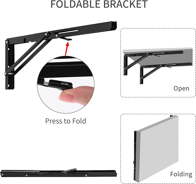 YUMORE Folding Shelf Brackets, 20 Inch Heavy Duty L Bracket, Black DIY Collapsible Shelf Bracket for Workbench Folding Table Hinge, Max Load: 330lb, Pack of 2