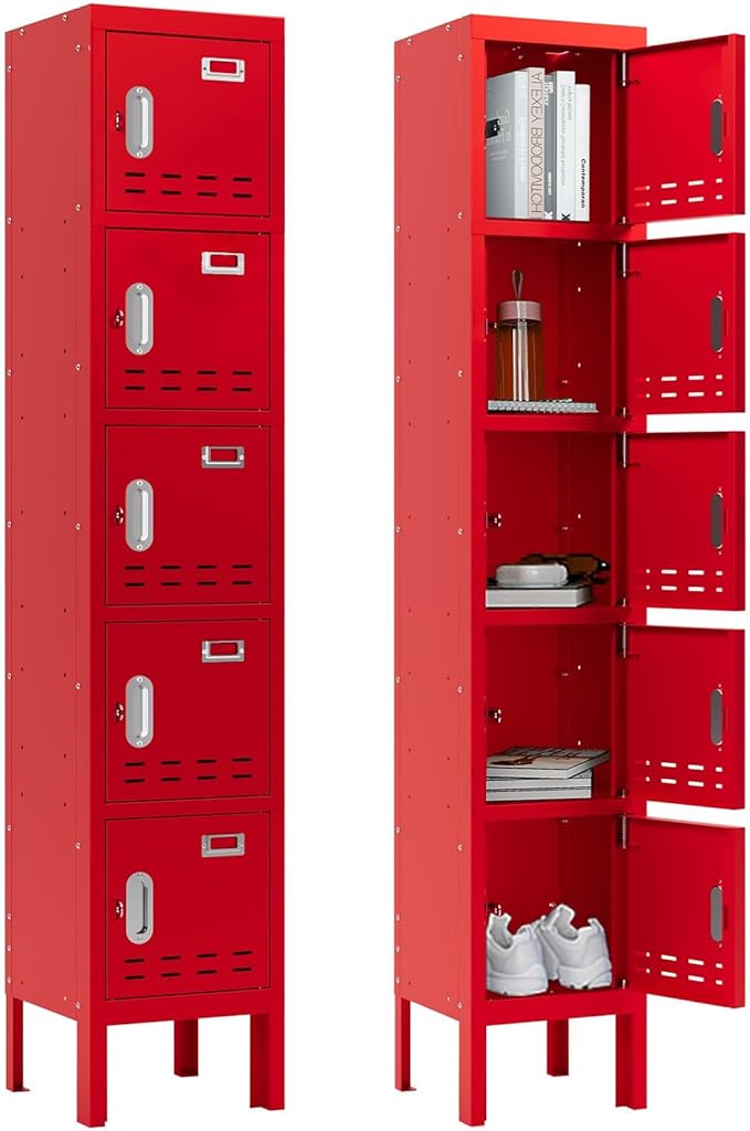 Metal Storage Locker with Lock & Card Slot Locker - Secure Lockable Door - Steel Locker for School, Office, Gym, Home - 66.15" H x 11.8" W x 11.8" D（5 Door, Red）