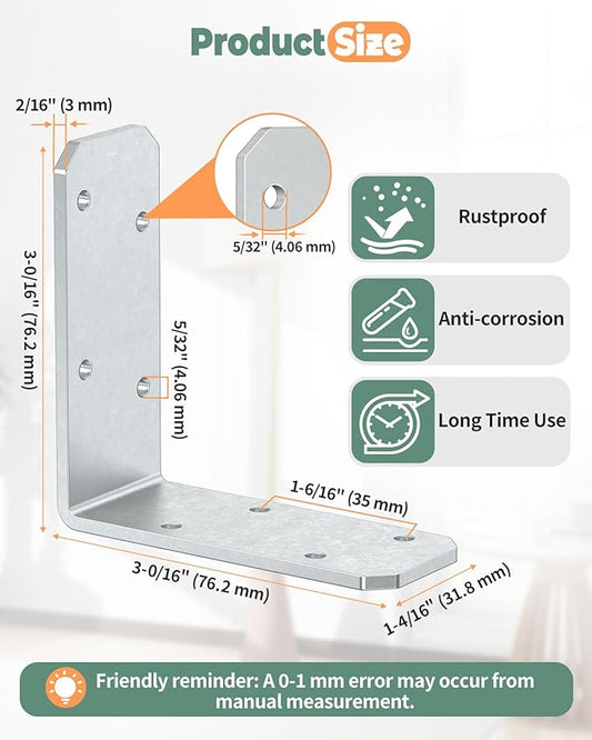 3"x3" L Brackets, 90 Degree Angle Iron, Heavy Duty Steel Corner Brace for Wood Shelves, Post, Floating Shelves, Desk (Galvanized-16 Pcs)