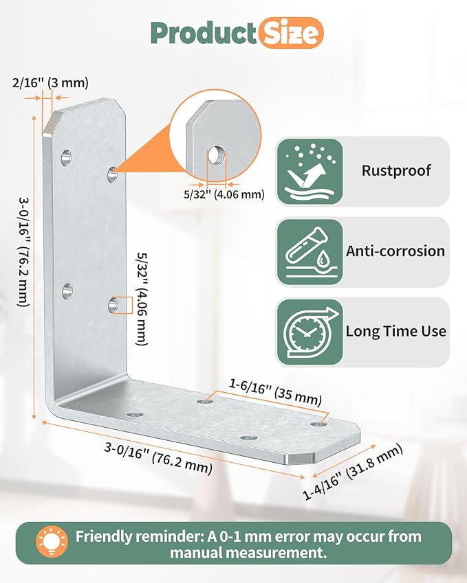 3"x3" L Brackets, 90 Degree Angle Iron, Heavy Duty Steel Corner Brace for Wood Shelves, Post, Floating Shelves, Desk (Galvanized-4 Pcs)