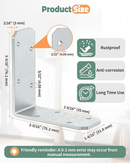 3"x3" L Brackets, 90 Degree Angle Iron, Heavy Duty Steel Corner Brace for Wood Shelves, Post, Floating Shelves, Desk (Galvanized-8 Pcs)