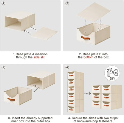 Stackable Storage Drawers - Collapsible Storage Bins with Drawers, 6 Pack Closet Shelf Organizer Basket, Fabric Pull Out Organizer for Bedroom, Living Room, Dorm, Beige