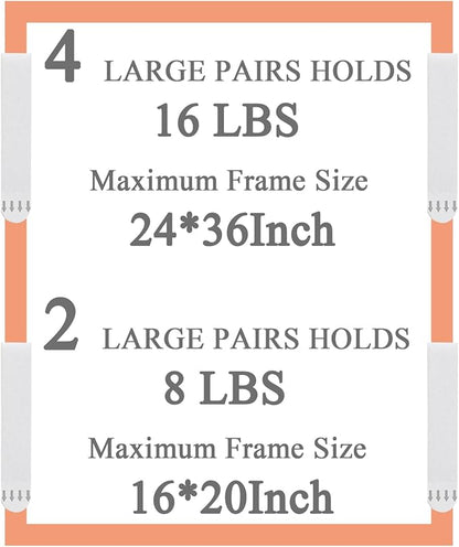 Large Picture Hanging Strips Heavy Duty, 16-Pairs(32 Strips) Sticky Picture Hangers for Walls No Damage Wall Picture Hangers Without Nails Refill Adhesive Poster Strips