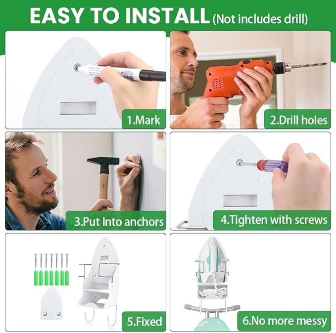 Iron Board Hanger Wall Mount Electric Iron Holder Ironing Board Holder Wall Mount Room Storage Iron and Ironing Board Storage Organizer Shelf with Removable Hooks