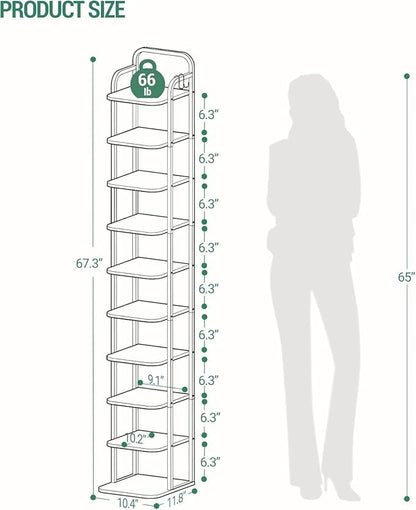 10 Tiers Vertical Shoe Rack, Narrow Shoe Tower, Tall Shoes Shelf with 2 Hooks, Adjustable Shelves, Corner Shoes Shelves for Small Spaces, Entryway, Living Room, Rustic Brown SR11201B