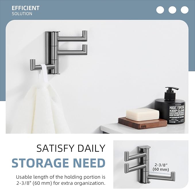 Angle Simple 3 Arms Towel Hook for Bathroom, SUS304 Stainless Steel Swivel Robe Coat Hook Wall Mounted, Foldable Towel Holder, Gunmetal Gray