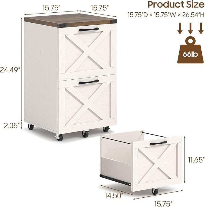 2 Drawer Small File Cabinet with Wheels, Farmhouse Vertical Filing Cabinet Fits A4/Letter Size, Under Desk Rolling File Cabinets for Home Office, Wooden Printer Stand, Rustic White