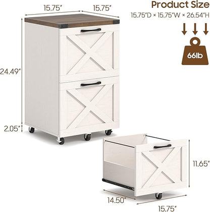 2 Drawer Small File Cabinet with Wheels, Farmhouse Vertical Filing Cabinet Fits A4/Letter Size, Under Desk Rolling File Cabinets for Home Office, Wooden Printer Stand, Rustic White