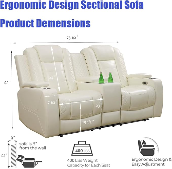 Leather Power Recliner Sectional Sofa, Creamy White Power Recliner Sofa for Living Room, Leather Reclining Sectional Sets, Recliner Loveseat Sets, Cup Holders, Hidden Storage for Home/Office