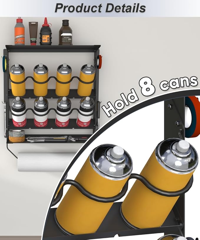 Spray Paint Can Holder with Paper Towel Holder for Home Garage Organizer, Wall Mount Paint Bottle Tool Utility Storage Rack with 8 Holes & 2 Shelf for Shop, Black