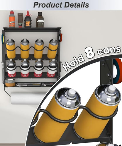 Spray Paint Can Holder with Paper Towel Holder for Home Garage Organizer, Wall Mount Paint Bottle Tool Utility Storage Rack with 8 Holes & 2 Shelf for Shop, Black