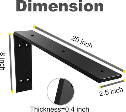 WINKER Countertop Support Bracket 2 Pack Heavy Duty 3/8" Thick Hidden L Shelf Bracket 20" x 8" x 2.5" Metal Corbels for Quartz/Granite/Wood/Concrete/Laminate Countertops, Black (7 Hole)