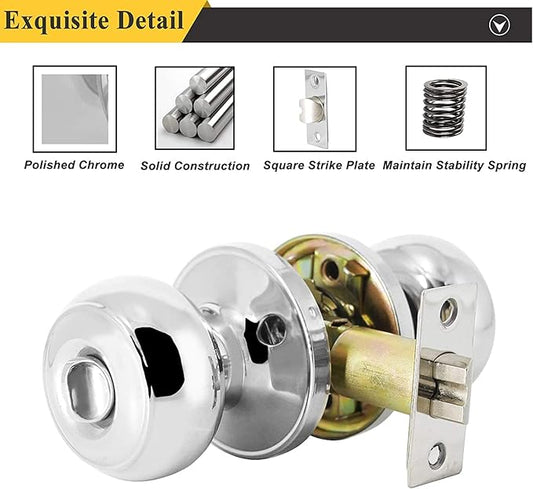 Probrico Interior Door Knobs, 10 Pack Bedroom Bathroom Doorknob with Lock Keyless, Polished Chrome Finish, Universible Door Handles, Colonial Ball Knob