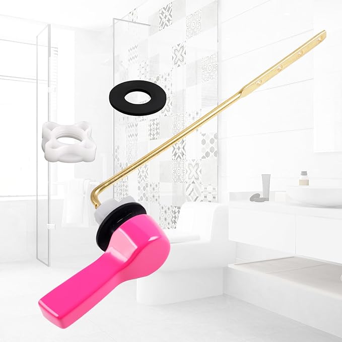 Hibbent Universal Metal Front Mount Toilet Handle Replacement Kit, Brass Toilet Flush Tank Lever with Stainless Steel Flapper Chains for Most Toilets, Pink