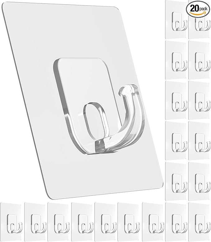 Large Adhesive Hooks, 33lb Heavy Duty Utility Hooks for Hanging, 20 Pack Damage Free Sticky Hanging, No Trace Self-Adhesive Wall for Kitchen Bathroom Office Multiple Uses