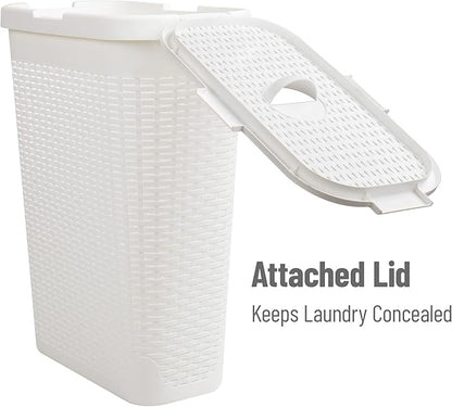 Mind Reader Slim Laundry Hamper with Lid, 40L Clothes Basket, Premium Wicker Design, Plastic, White
