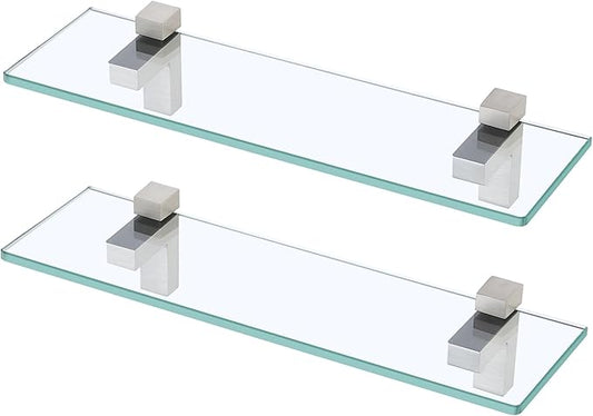 KES Glass Shelf for Bathroom, Floating Tempered Glass Bathroom Wall Shelf Rectangle 16 Inch Brushed Nickel Bracket, 2 Pack, BGS3201S40-2-P2