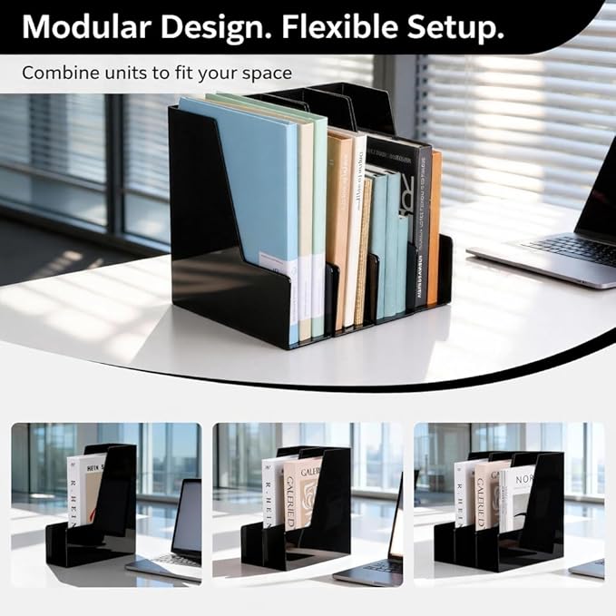Vertical Magazine File Holder, Desk Organizer and Storage for Magazines, Binders, Notebooks, Envelopes, Multi-Purpose Desktop File Organizer for Home, Office & Classroom, 4 Pack, Black