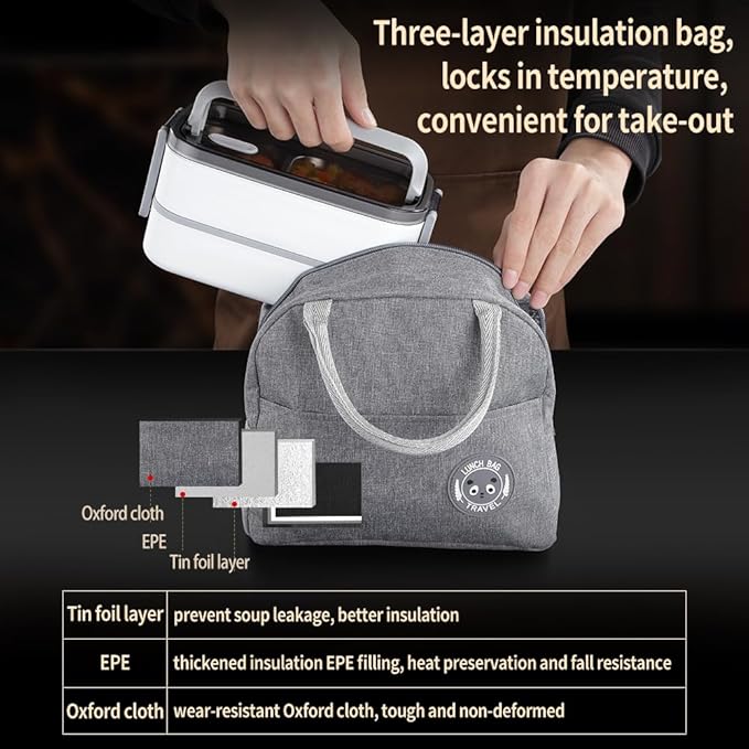 Stainless Steel Lunch Box - Bento Box Multifunctional Containers with Insulation Bag, 3 Compartments-Layered Design for Work Picnic Travel, 1.35L Capacity, with Fork and Spoon