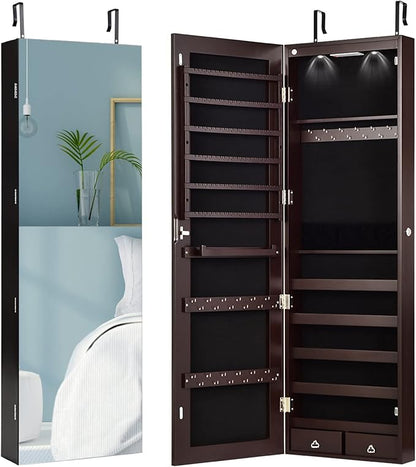 Giantex Wall Door Mounted Jewelry Armoire Cabinet with 47.5" H Full Length Mirror, 2 LEDs Lockable Jewelry Organizer Box with Bracelet Rod, 2 Drawers, Large Storage Capacity (Espresso)