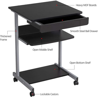 Yaheetech Mobile Computer Desk Cart, Small Rolling Laptop Desk PC Table Workstation with Drawer and Printer Shelf, Writing Desk Table for Small Space/Home Office