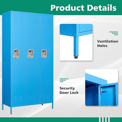 Letaya Metal Storage Lockers for Employees-3 Door Storage Locker with Shelves and Lockable Steel Cabinet for School,Gym,Office,Staff Industrial Storage(Blue, 3 Door)