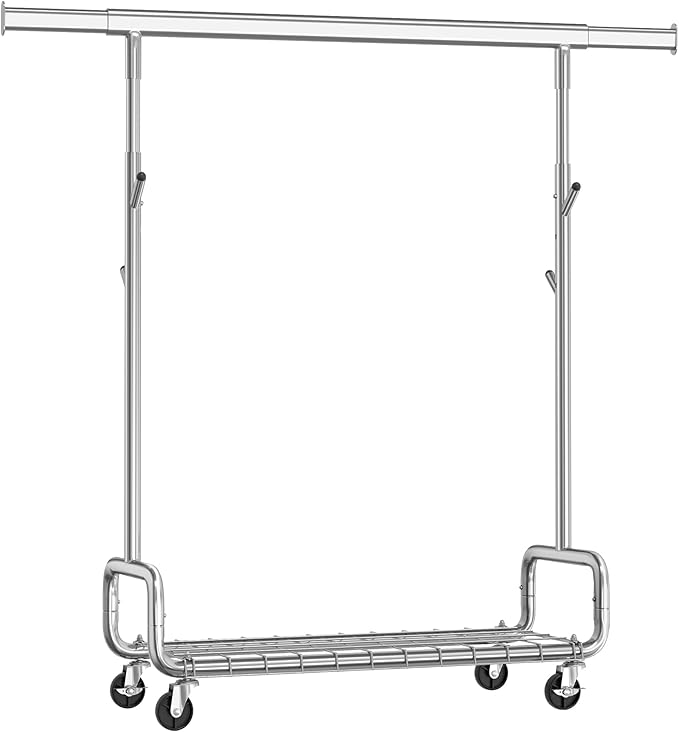 SONGMICS Clothes Rack, Heavy-Duty Rolling Clothing Garment Rack with Wheels, Extendable Hanging Rod and Adjustable Height, Portable, with Shelf and Hooks, Silver UHSR014E01
