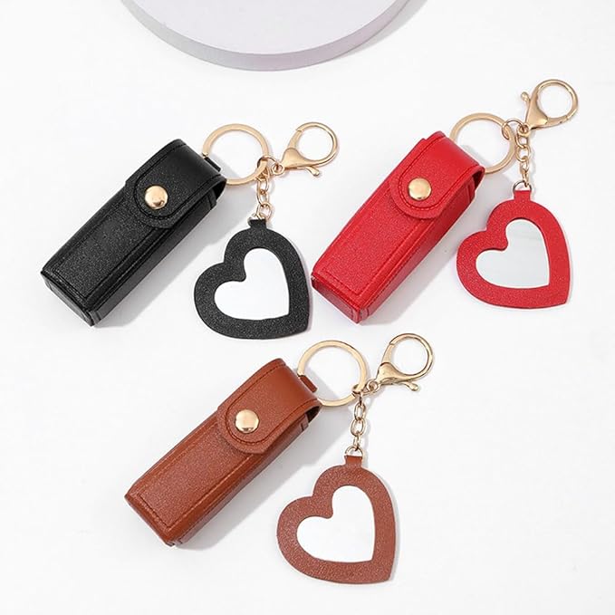 4 PACK PU Leather Potable Chapstick Holder Key Chain Bulk with Mirror, Lipstick Keychain, Lip Balm Organizer Holder Lipstick Travel Makeup Storage Case for Women Girls (Style 2)
