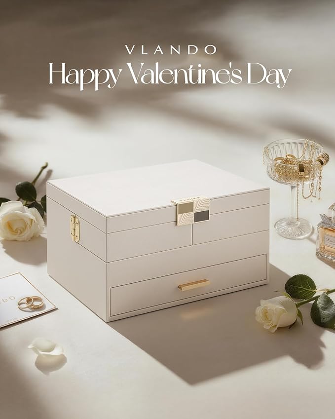 Vlando 3 Layer Jewelry Box - Women Jewelry Box with Retractable Tray - Jewelry Organizers with Drawer for Necklaces, Rings, Bracelets, Earrings, Valentines Gift for Mom Girls - Cloud White