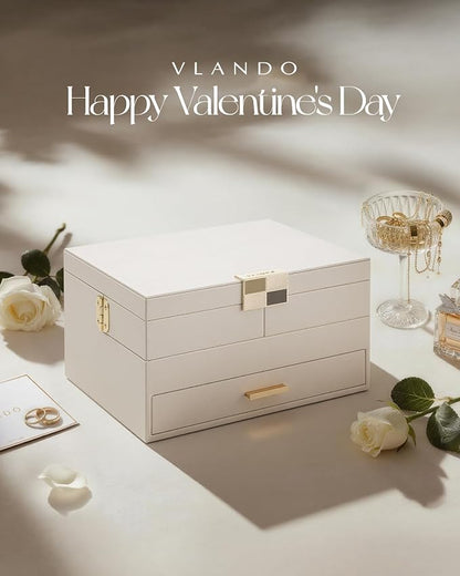Vlando 3 Layer Jewelry Box - Women Jewelry Box with Retractable Tray - Jewelry Organizers with Drawer for Necklaces, Rings, Bracelets, Earrings, Valentines Gift for Mom Girls - Cloud White