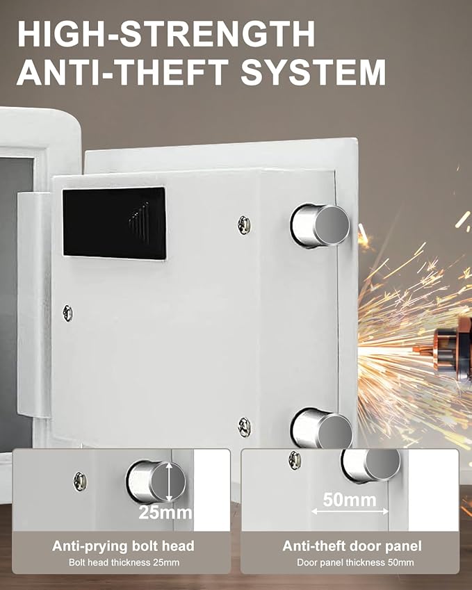 TIGERKING Biometric Fingerprint Home Safe, 1.2 Cubic Feet Digital Security Safe Lock Box, Quick-Access Small Safes for Cash, Jewelry, Document, White