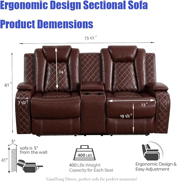 Brown Power Recliner Sectional Sofa with Loveseats, Living Room Furniture Sets, Leather Power Recliner Sectional Sofa Set with LED, Read Lights, Hidden Arm Storage for Living Room/Home/Office