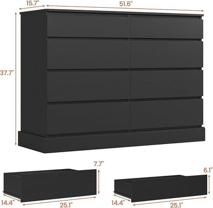 DICTAC 8 Drawers Dresser for Bedroom, Black Large Chest of Drawers, Long Modern Double Dressers, Big Clothing Storage Organizer Closet with Ample Space, 51.6''L x 15.7''D x 37.7''H