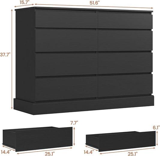 DICTAC 8 Drawers Dresser for Bedroom, Black Large Chest of Drawers, Long Modern Double Dressers, Big Clothing Storage Organizer Closet with Ample Space, 51.6''L x 15.7''D x 37.7''H