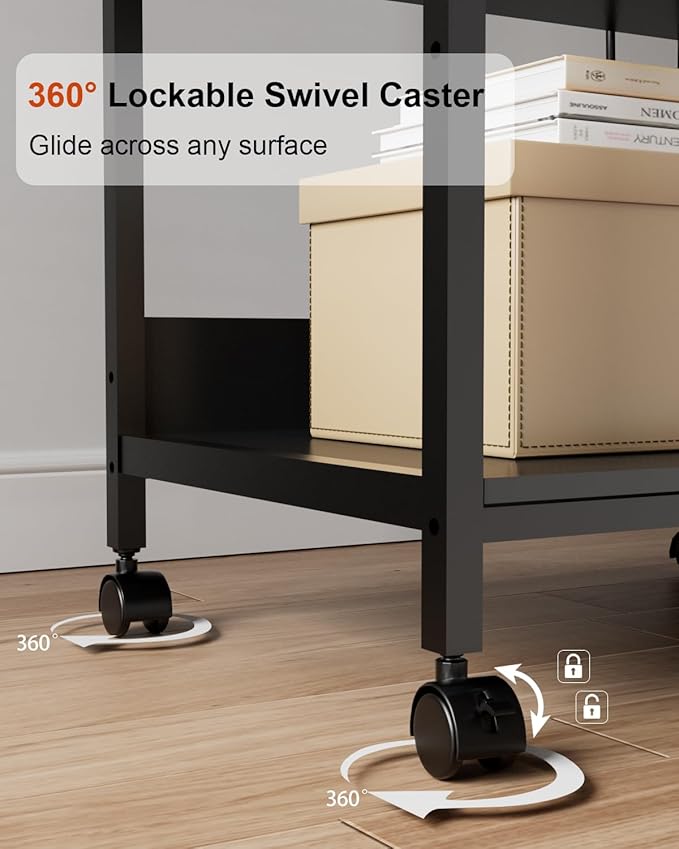 Tall Printer Stand with Storage Adjustable Shelf and Bag, 4-Tier Large Printer Table with Charging Station for Home Office, Printers Cart with Wheels for 3D Shredder Scanner Fax (Black)