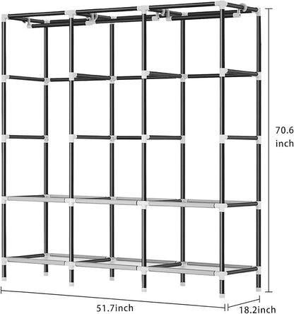 LOKEME Wardrobe Closet,Portable Closet for Bedroom Steel Pipe Diameter 19mm Strong and Sturdy Black Portable Closets for Hanging Clothes with 3 Hanging rods, 6 Storage Shelves and Side Pockets