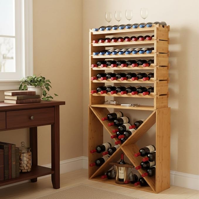 NutriChef 72 Bottle Wine Rack Stackable Bamboo Freestanding, 8-Tier Modular Shelf, Sturdy Wobble Free, Upgraded 2026 Design, Easy No-Tool Assembly for Kitchen, Cellar or Bar Storage 33.5" x 10" x 41"