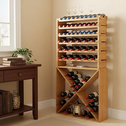 NutriChef 72 Bottle Wine Rack Stackable Bamboo Freestanding, 8-Tier Modular Shelf, Sturdy Wobble Free, Upgraded 2026 Design, Easy No-Tool Assembly for Kitchen, Cellar or Bar Storage 33.5" x 10" x 41"