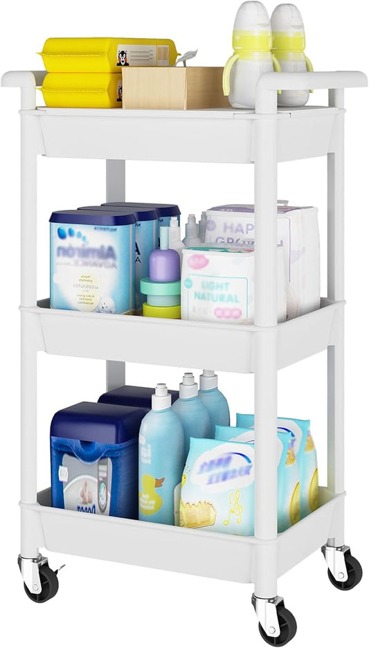 3-Tier Utility Rolling Cart with Cover Top Board, Mobile Utility Cart with Lockable Casters Multi-Functional Storage Trolley for Office, Bathroom, Kitchen, Garden, Laundry Room (White)