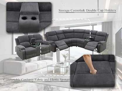 Reclining Sectional Sofa set and Loveseat, Living Room Furniture Sets, Dark Grey Recliner Sectional Sofa Couches Set with Drop-down Table, Cup Holders, Storage Console for Living Room, Bedroom