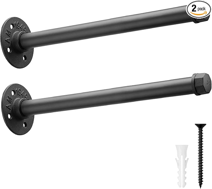 Industrial Pipe Clothing Rack 12 Inch 2 Pack, Wall Mounted Closet Rod-Pipe Shelf Brackets Heavy Duty Clothes Rack for Hanging Clothes Rustic Metal Garment Holder Laundryroom